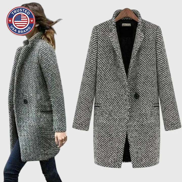 Women's houndstooth tweed button-front winter wool coat with quilted lining in black and white - Gray