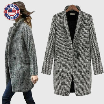 Women's houndstooth tweed button-front winter wool coat with quilted lining in black and white - Gray