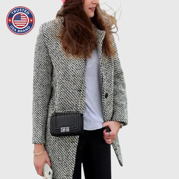 Women's houndstooth tweed button-front winter wool coat with quilted lining in black and white - Gray