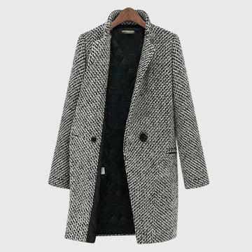 Women's houndstooth tweed button-front winter wool coat with quilted lining in black and white - Gray