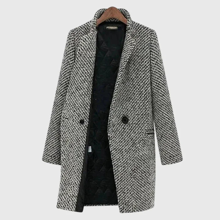 Women's houndstooth tweed button-front winter wool coat with quilted lining in black and white - Gray