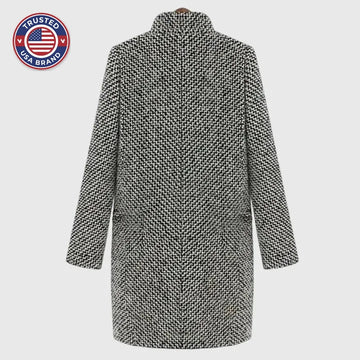 Women's houndstooth tweed button-front winter wool coat with quilted lining in black and white - Gray