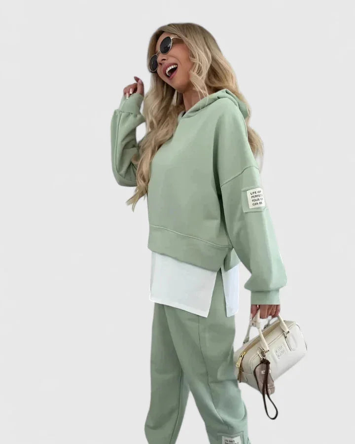 Women's fleece hooded winter two piece set with layered hem - Pink
