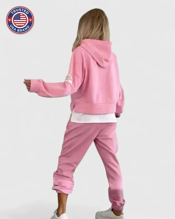 Women's fleece hooded winter two piece set with layered hem - Pink