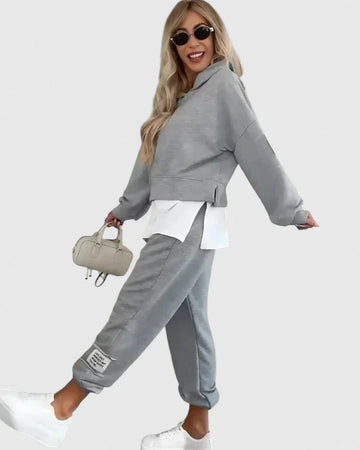 Women's fleece hooded winter two piece set with layered hem - Pink