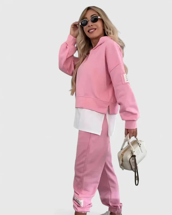 Women's fleece hooded winter two piece set with layered hem - Pink