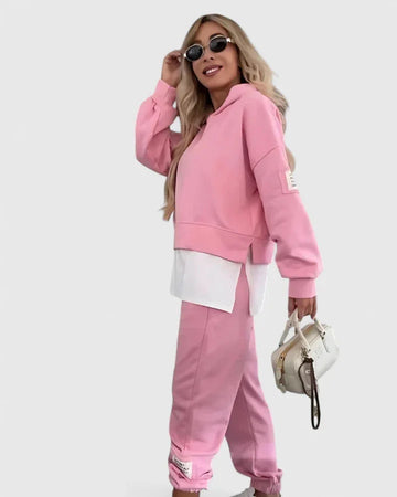 Women's fleece hooded winter two piece set with layered hem - Pink
