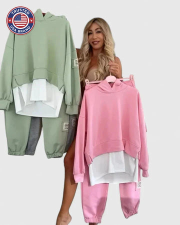 Women's fleece hooded winter two piece set with layered hem - Pink