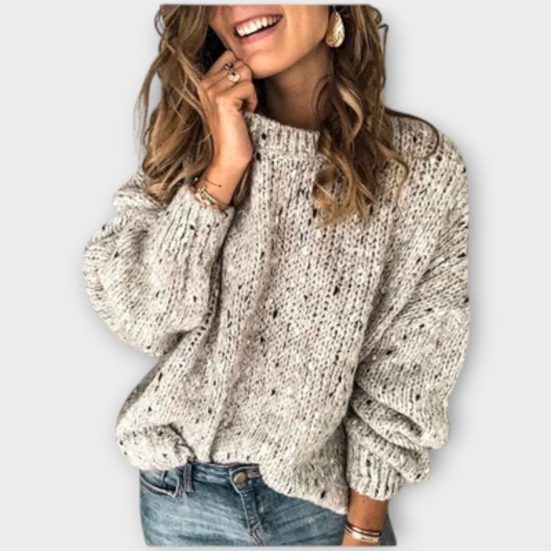 Women's speckled crew neck winter chunky knit sweater - Beige