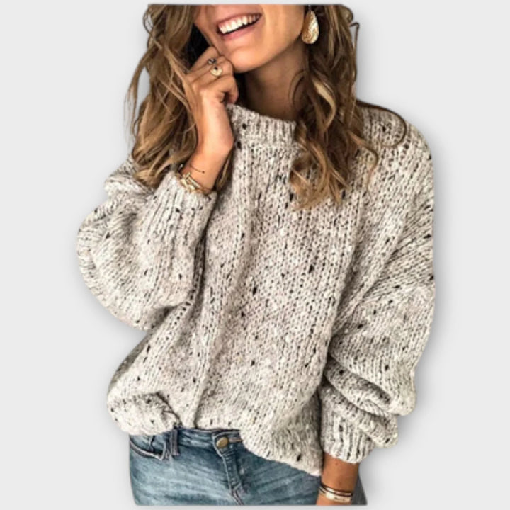 Women's speckled crew neck winter chunky knit sweater - Beige
