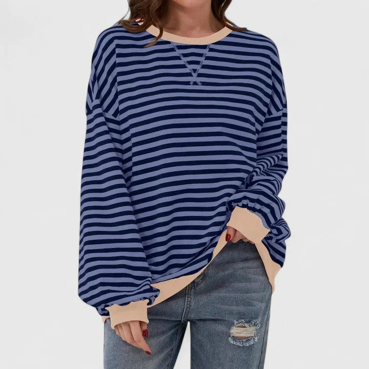 Women's striped knit crew neck winter sweatshirt with contrast ribbed cuffs - Green