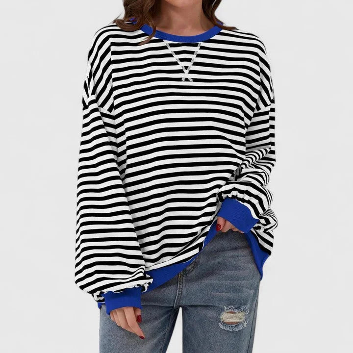 Women's striped knit crew neck winter sweatshirt with contrast ribbed cuffs - Green