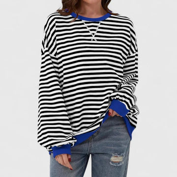 Women's striped knit crew neck winter sweatshirt with contrast ribbed cuffs - Green