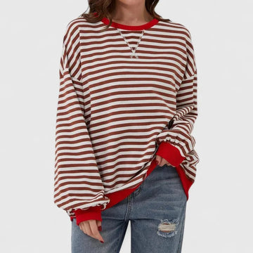 Women's striped knit crew neck winter sweatshirt with contrast ribbed cuffs - Green
