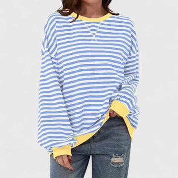 Women's striped knit crew neck winter sweatshirt with contrast ribbed cuffs - Green