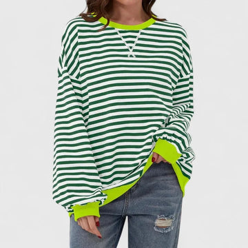 Women's striped knit crew neck winter sweatshirt with contrast ribbed cuffs - Green