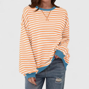 Women's striped knit crew neck winter sweatshirt with contrast ribbed cuffs - Green