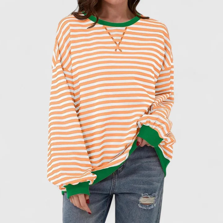 Women's striped knit crew neck winter sweatshirt with contrast ribbed cuffs - Green