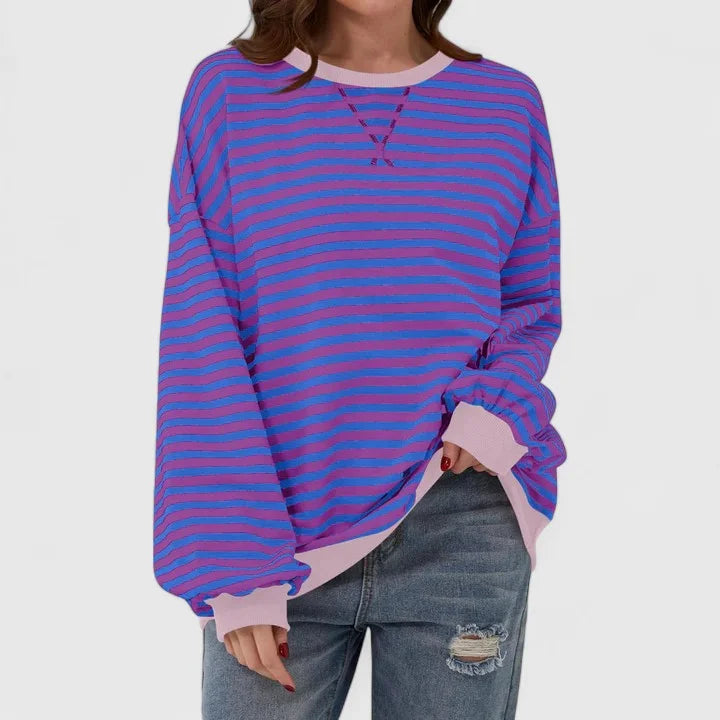 Women's striped knit crew neck winter sweatshirt with contrast ribbed cuffs - Green