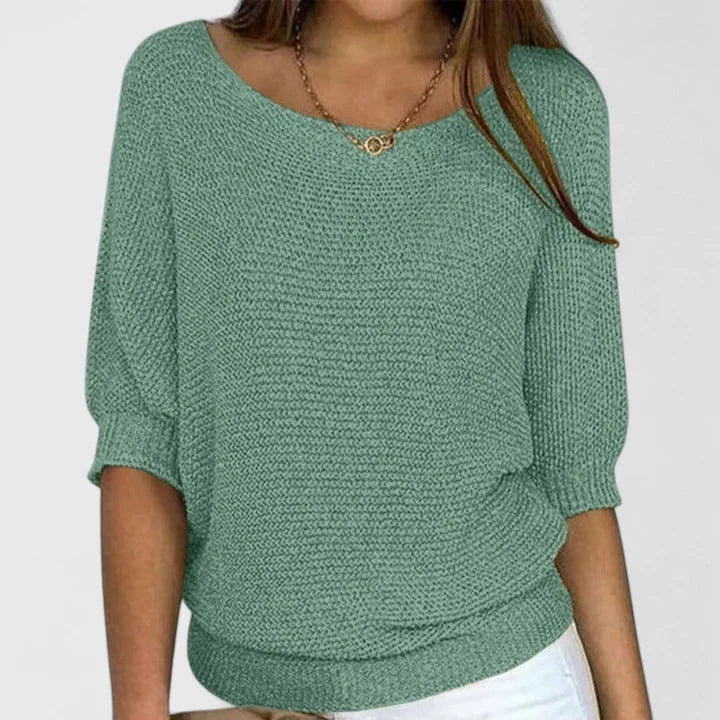 Women's knit winter sweater with wide scoop neck - Green
