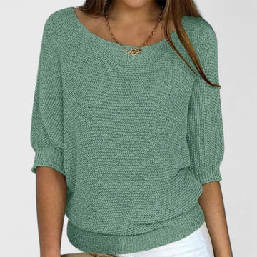 Women's knit winter sweater with wide scoop neck - Green