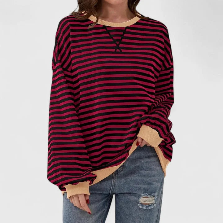 Women's striped knit crew neck winter sweatshirt with contrast ribbed cuffs - Green