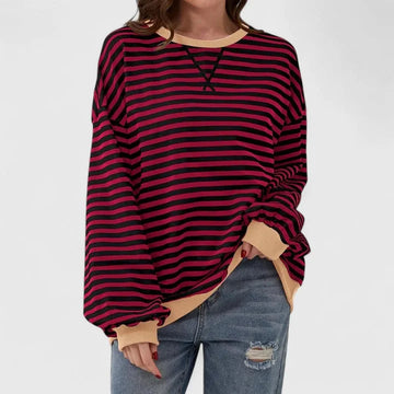 Women's striped knit crew neck winter sweatshirt with contrast ribbed cuffs - Green