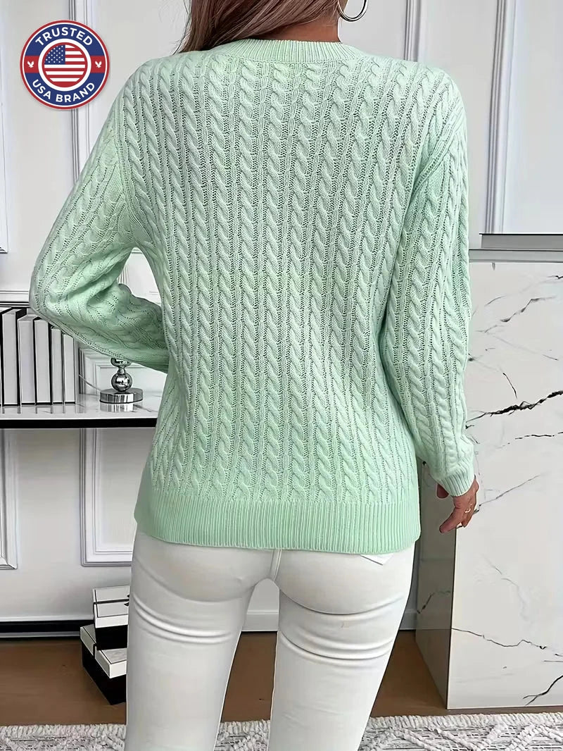 Women's crew neck winter cable knit sweater - Green