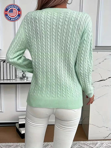 Women's crew neck winter cable knit sweater - Green
