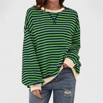 Women's striped knit crew neck winter sweatshirt with contrast ribbed cuffs - Green