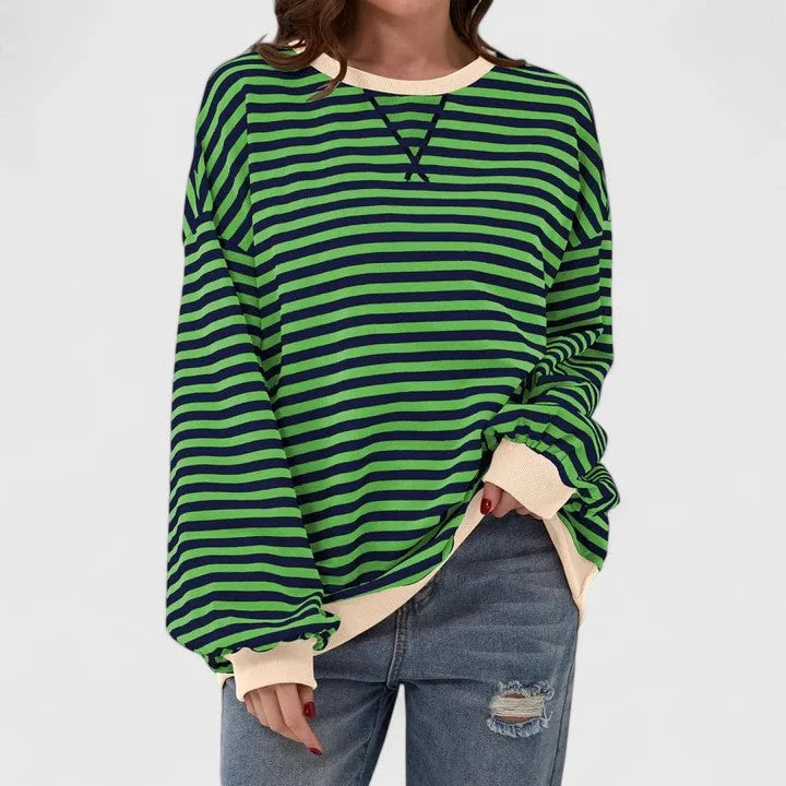 Women's striped knit crew neck winter sweatshirt with contrast ribbed cuffs - Green