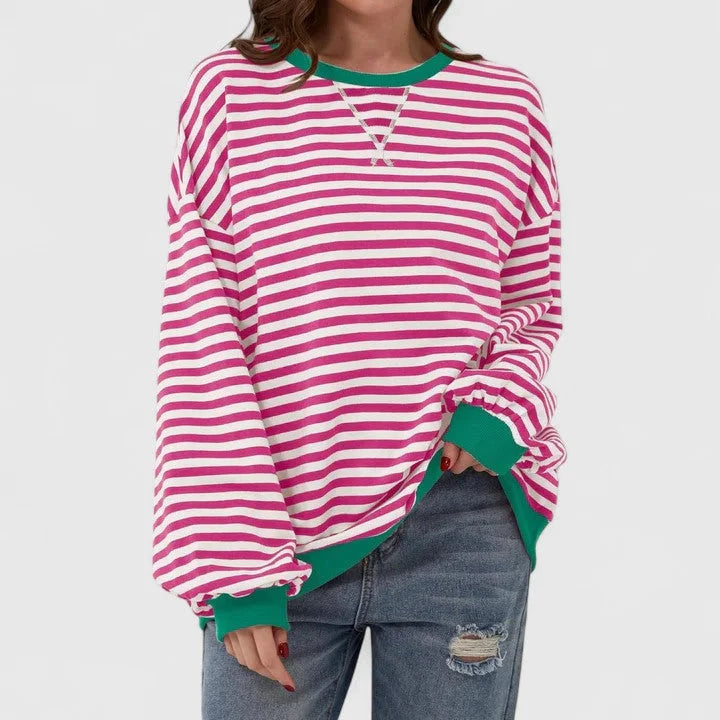 Women's striped knit crew neck winter sweatshirt with contrast ribbed cuffs - Green
