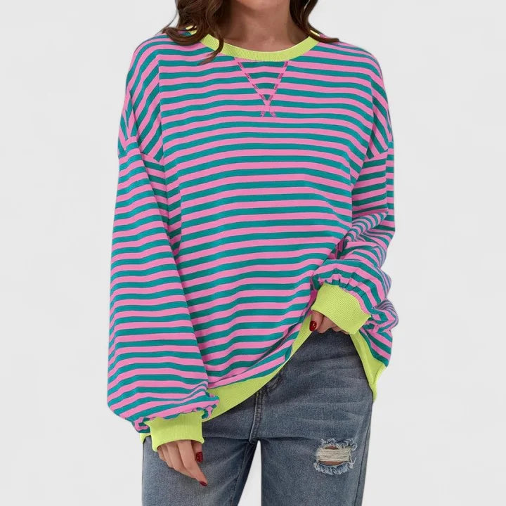 Women's striped knit crew neck winter sweatshirt with contrast ribbed cuffs - Green
