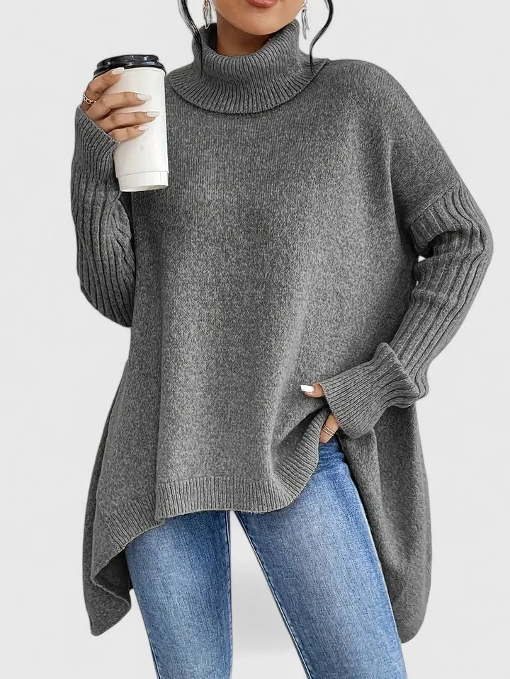 Women's knit winter roll neck sweater with high-low hem - Navy Blue