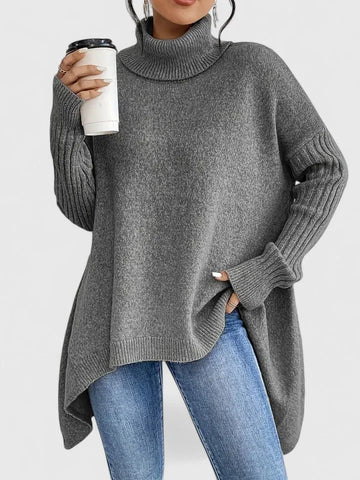Women's knit winter roll neck sweater with high-low hem - Navy Blue