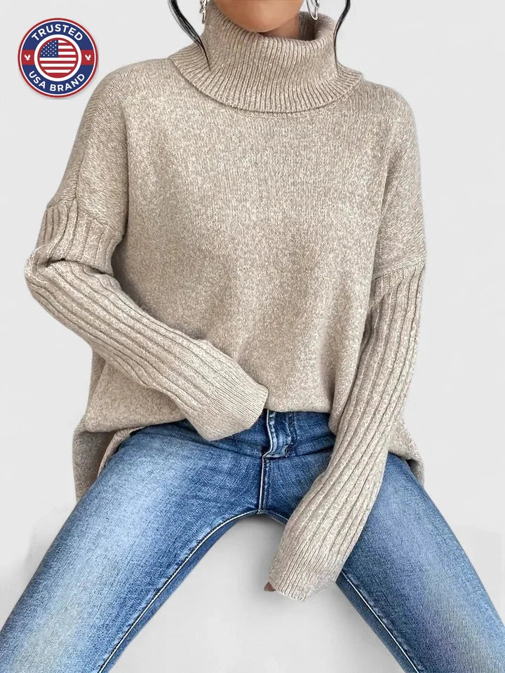 Women's knit winter roll neck sweater with high-low hem - Navy Blue