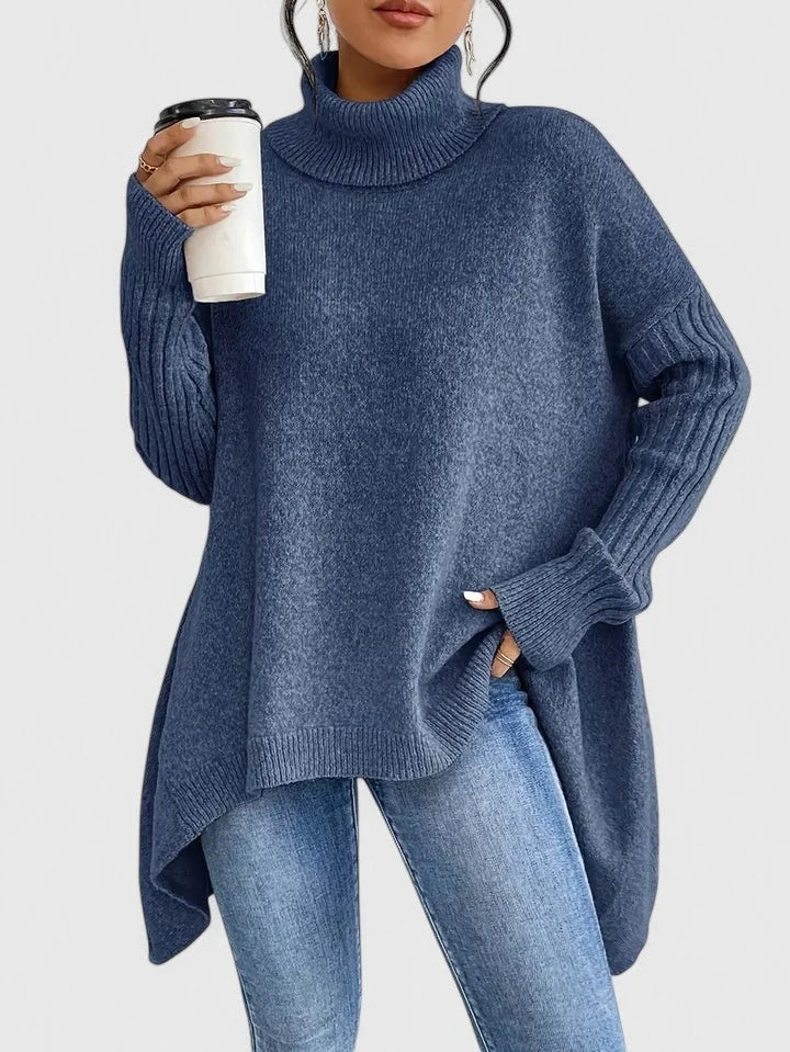 Women's knit winter roll neck sweater with high-low hem - Navy Blue