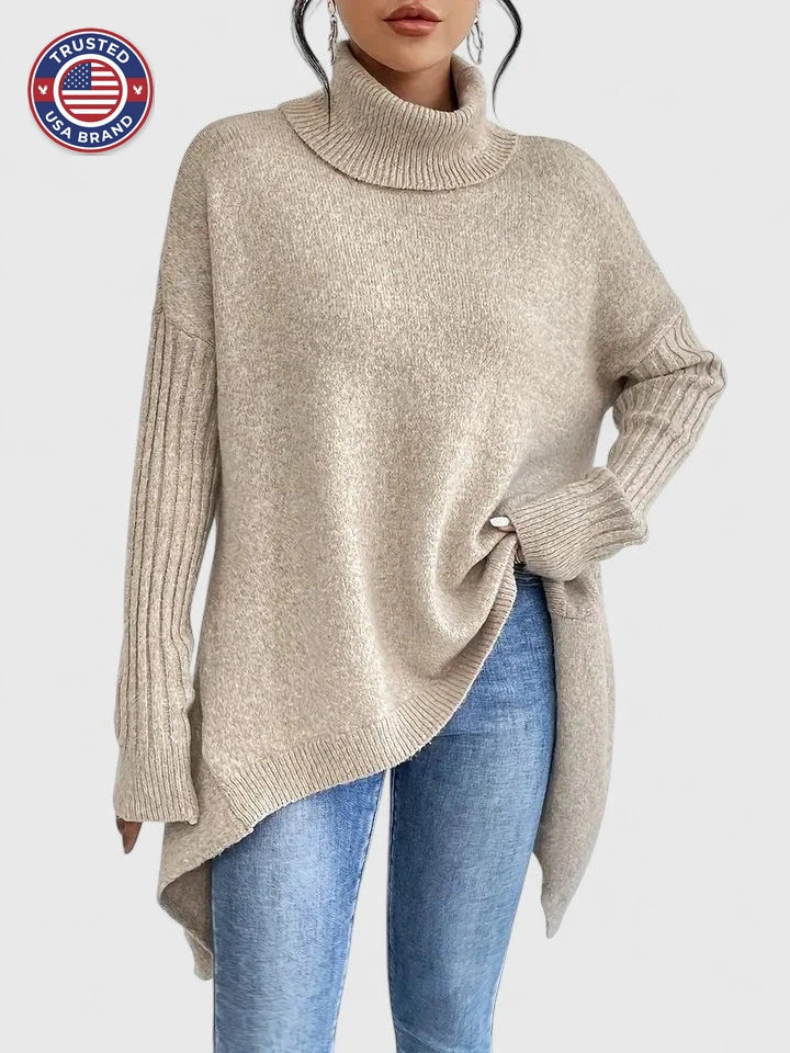 Women's knit winter roll neck sweater with high-low hem - Navy Blue