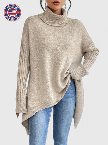 Women's knit winter roll neck sweater with high-low hem - Navy Blue
