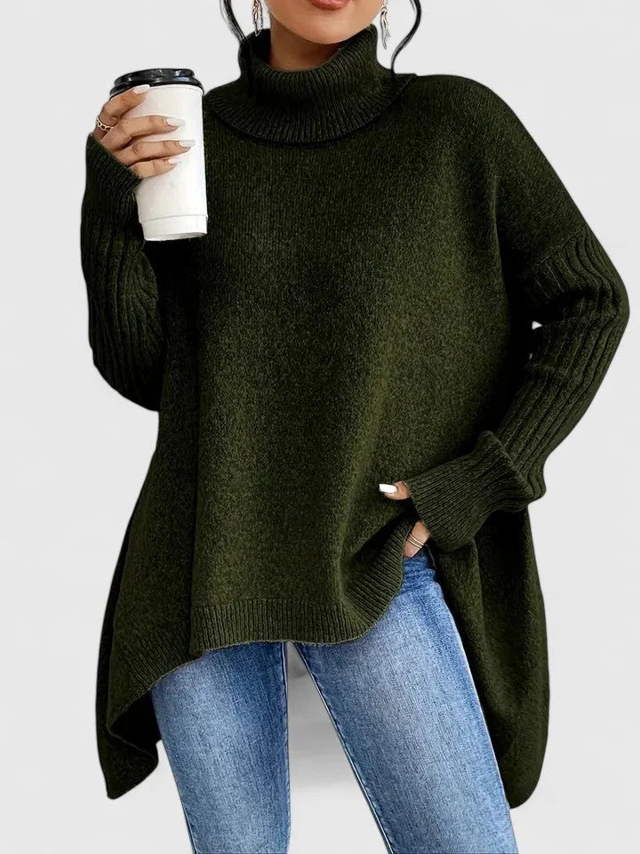 Women's knit winter roll neck sweater with high-low hem - Navy Blue