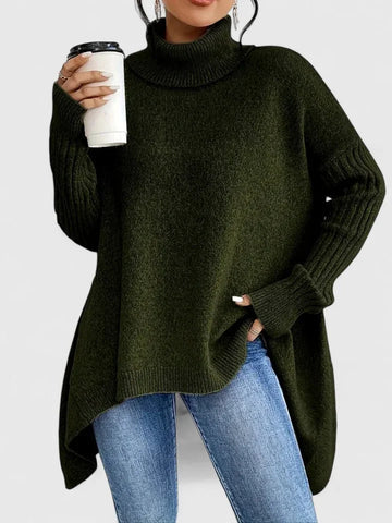 Women's knit winter roll neck sweater with high-low hem - Navy Blue