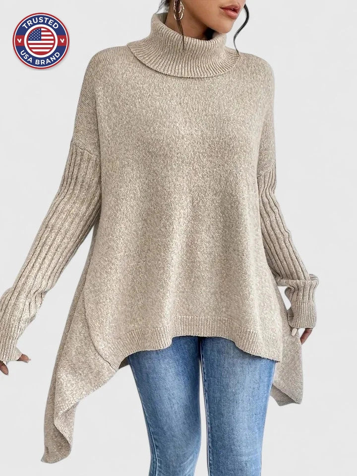 Women's knit winter roll neck sweater with high-low hem - Navy Blue