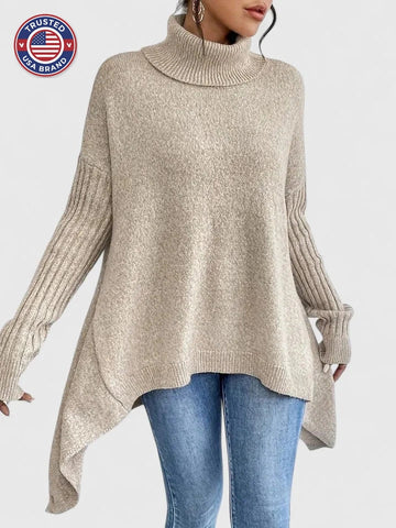 Women's knit winter roll neck sweater with high-low hem - Navy Blue