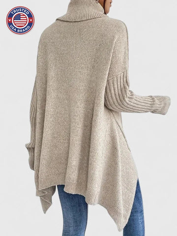 Women's knit winter roll neck sweater with high-low hem - Navy Blue