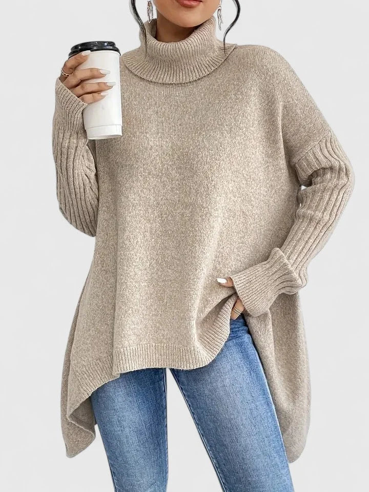 Women's knit winter roll neck sweater with high-low hem - Navy Blue