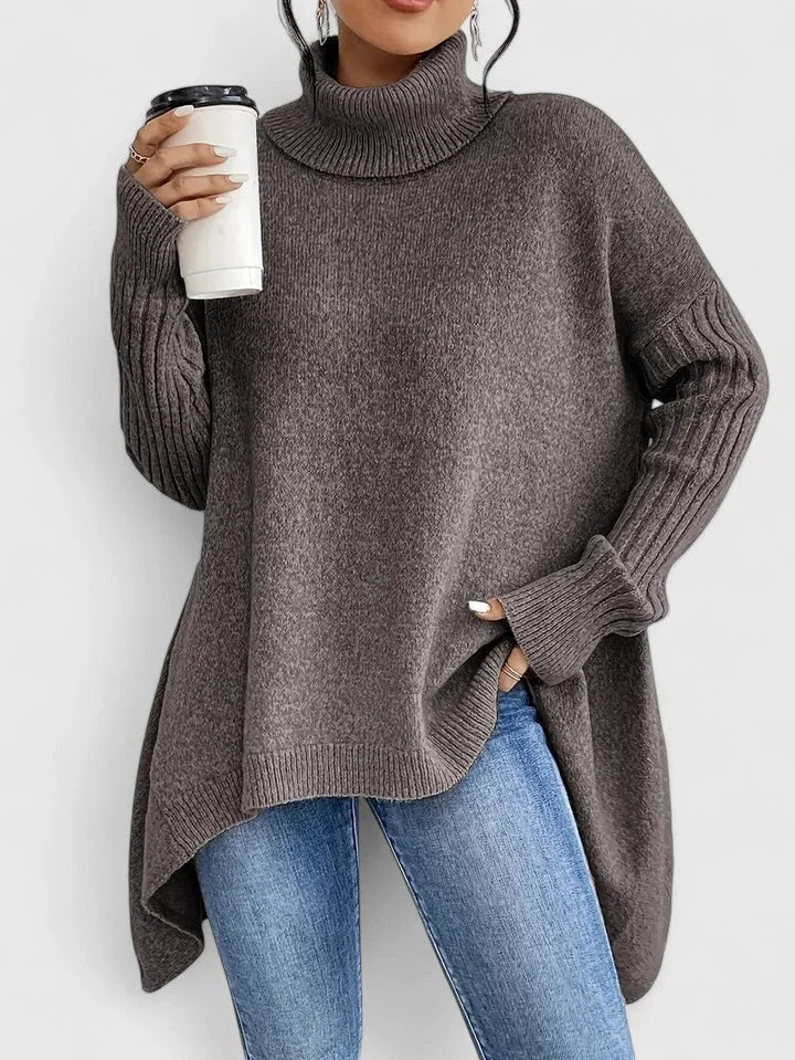 Women's knit winter roll neck sweater with high-low hem - Navy Blue