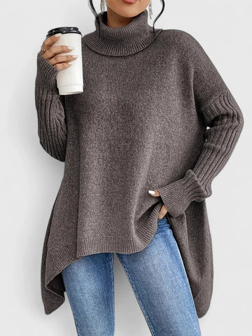 Women's knit winter roll neck sweater with high-low hem - Navy Blue