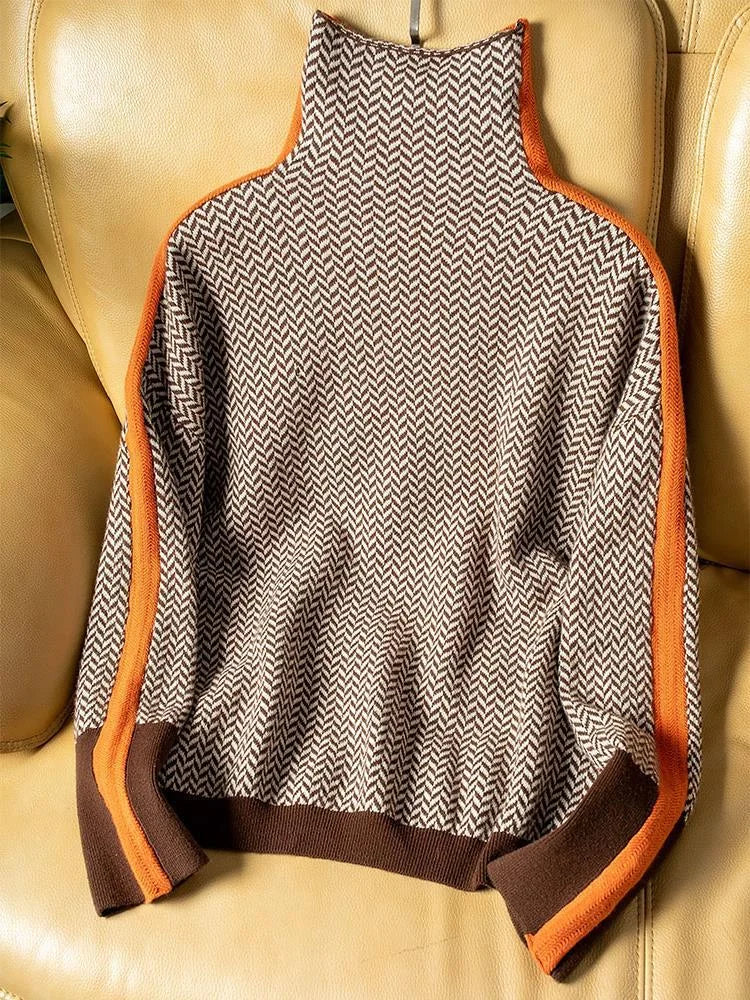 Women's herringbone knit winter roll neck sweater with sleeve stripes - Orange