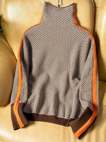 Women's herringbone knit winter roll neck sweater with sleeve stripes - Orange
