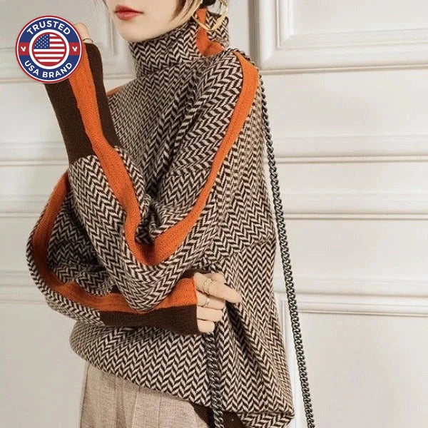 Women's herringbone knit winter roll neck sweater with sleeve stripes - Orange